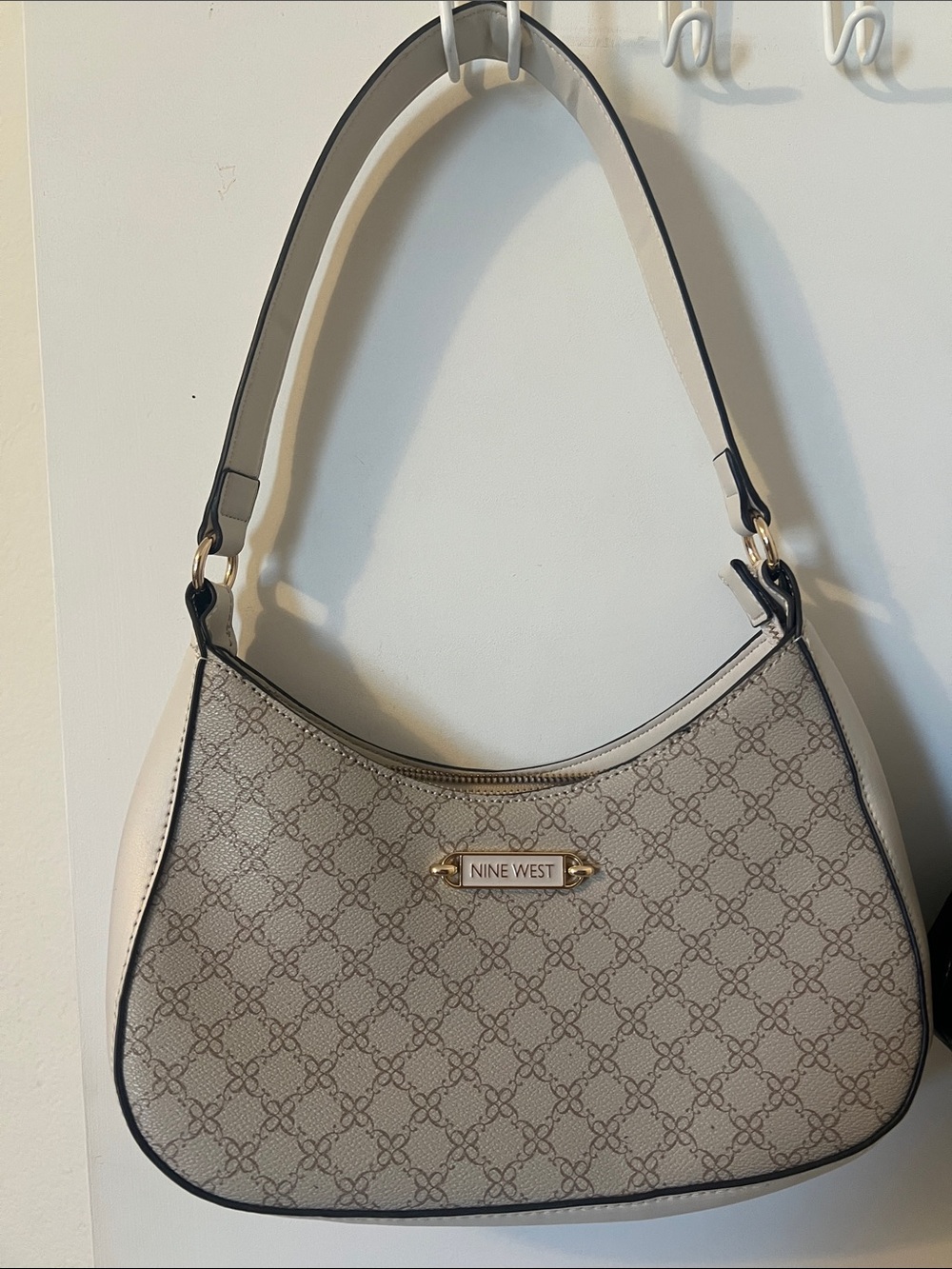 Nine West Cream Patterned Hobo Shoulder Bag with Gold Accents
